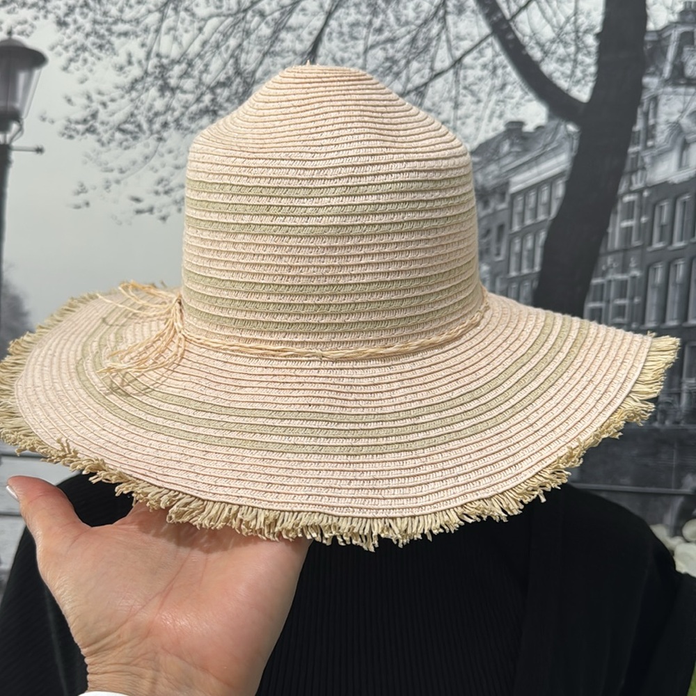 H&M Youth Women Straw Hat size 8-12Y Pink Tan Gold Foldable Travel Beach Vaca - Picture 2 of 6